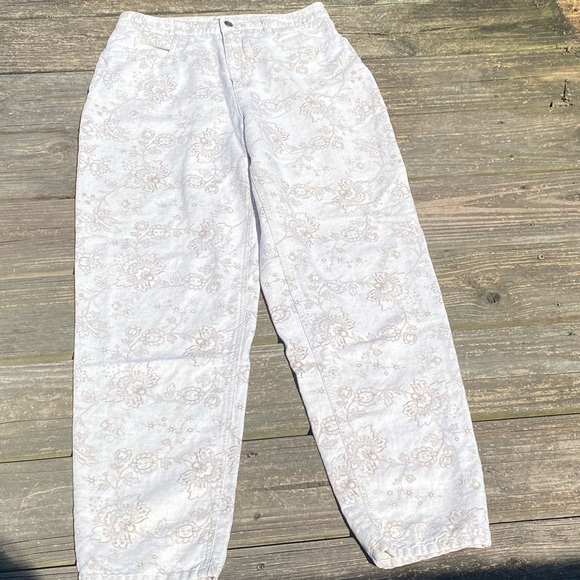 Talbots linen cotton blend jeans oatmeal color floral design size 12 high waist - Picture 5 of 13